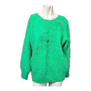 Bright Green Fuzzy mohair Embellished Floral Sweater Women's